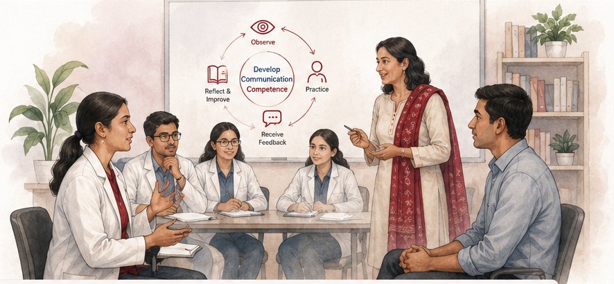Illustration of a medical educator facilitating clinical communication practice with medical students